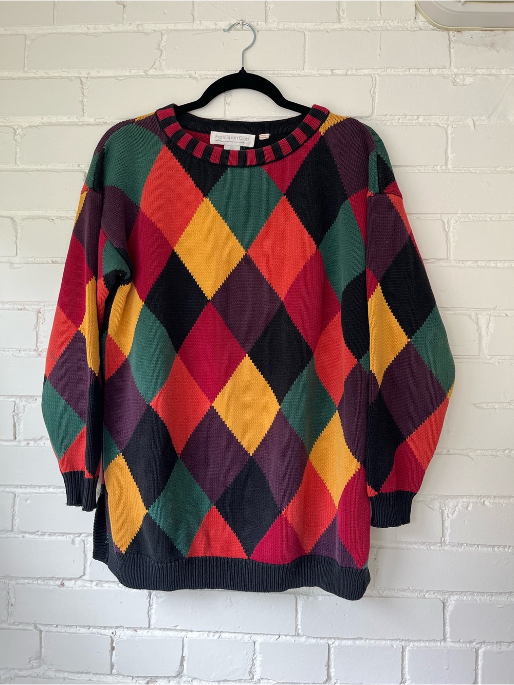 Vintage Multicolor Argyle Knit Sweater - Green, Red, Yellow, Orange, Purple